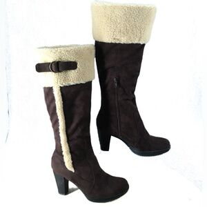 NATURALIZER TRINITY brown and cream faux suede shearling heeled boots (5M)